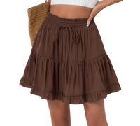 FEOYA Sommer Rock Kurz Damen Rüschen Faltenrock Casual Minirock Plissee Boho Skaterrock mit Shorts Strand Urlaub Ruffle Skirt Braun L