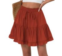 FEOYA Sommer Rock Kurz Damen Rüschen Faltenrock Casual Minirock Plissee Boho Skaterrock mit Shorts Strand Urlaub Ruffle Skirt Orange M