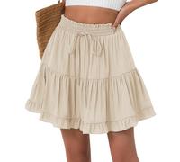 FEOYA Sommer Rock Kurz Damen Rüschen Faltenrock Casual Minirock Plissee Boho Skaterrock mit Shorts Strand Urlaub Ruffle Skirt Beige XL
