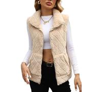 FEOYA Teddy Fleece Weste Damen Plüschweste mit Taschen Lässig Ärmellose Herbstmantel Stehkragen Teddyjacke Winter Beige XL