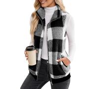 FEOYA Teddy Fleece Weste Damen Warm Plaid Plüschweste mit Taschen Stehkragen Herbstmantel Kurze Ärmellose Winterjacke Schwarz XL