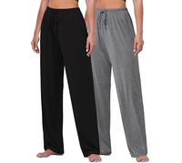 FEQO 2 Pack Damen Loungehose Jogginghose Lang Pyjamahose Stretch Weites Bein Hose Schlafanzughose für Frauen (Schwarz, Dunkelgrau, XL)