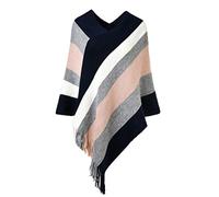 Ferand Gestreift Gestrickter Poncho Schal im Wickeldesign mit gefransten Seiten für Frauen, Navy blau & Rosa