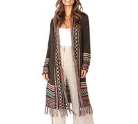 Ferbia Damen Boho-Langarm-Cardigan mit offener Vorderseite, lockerer Pullover, Maxi-Boho-Strick, Azteken-Muster, Tribal-Quaste, Fransen - Braun - Klein