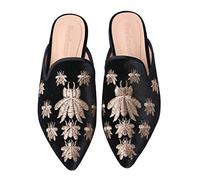 Fericzot Damen-Slipper, Samt, rückenfrei, spitzer Zehenbereich, flache Stickerei, Pantoffeln, Hausschuhe, Black Little Spider, 38.5 EU