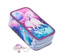 Ferocity Mäppchen Federtasche 3 Fach Federmäppchen Schüleretui Schlamperbox Stiftemappe mit 3 Reißverschluss-Fächern Mond Pferd [150]