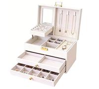 Fesatccoz Schmuckkästchen für Damen 3 Ebenen Schmuckaufbewahrung Groß Schmuckkasten mit Spiegel und Fächern für Ringe Ohrringe Halsketten Armbänder Uhren aus PU Leder,Beige