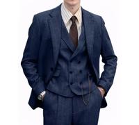 Fesenbo 3-teiliger Retro-Anzug für Herren, Tweed, Fischgrätenmuster, formelle Wolljacke, Kleid, Weste, Hose, Hochzeit, Abschlussball, Smoking, Marineblau, XS