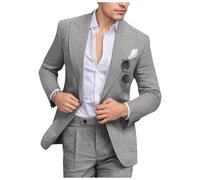 Fesenbo Herren Leinenanzug Slim Fit 2-teilig Sommer Strand Hochzeit Anzüge Spitzrevers Casual Blazer Hose Set für Abschlussball Smoking, Hellgrau, XX-Large