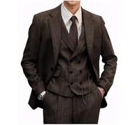 Fesenbo Herrenanzug aus Tweed, Fischgrätenmuster, 3-teilig, formelle Wolljacke, Kleid, Weste, Hose, Hochzeit, Abschlussball, Smoking, Dunkelbraun, XX-Large