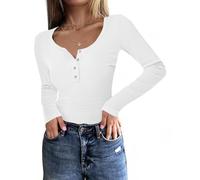 Fessceruna Damen Langarmshirt U-Ausschnitt Slim Fit Oberteil Longsleeve Shirt Basic Geripptes Pullover mit Knöpfen(Weiß, XL)