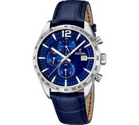 Festina Herren Uhr Analog mit Blauem Lederarmband - Quarzwerk - Chronograph - Kalender - Mineralglas mit hoher Widerstandsfähigkeit - Wasserdicht bis 5 ATM - Elegant F16760/3 Timeless Chronograph