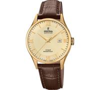 Festina Herrenuhr F20010/5 Swiss Made Klassisches Armband aus Edelstahl 316L vergoldet Lederarmband Braun, beige