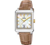 Festina Damenuhr F20682/4 On The Square Edelstahlgehäuse 316l Silber Lederarmband Braun, beige, Streifen