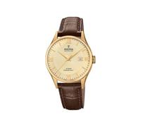 Festina Herrenuhr F20010/5 Swiss Made Klassisches Armband aus Edelstahl 316L vergoldet Lederarmband Braun, beige