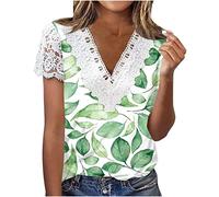 Festival Outfit Damen Transparentes Oberteil Damen Crop Tops Damen Sport Frauen Blumendruck T Shirt Spitze Patchwork V Ausschnitt Kurzarm Basic T-Shirt Elegant Chiffon Bluse Damen Langarm (Green, S)