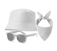 Festivalking Sonnenschutz Set aus Hut, Brille & Bandana - Baumwolle, Unisex Festival Look, Sonnenhut, Fischerhut, Sonnenbrille Damen Herren (DE/NL/SE/PL, Alphanumerisch, Einheitsgröße, Weiß)