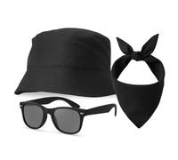 Festivalking Sonnenschutz Set aus Hut, Brille & Bandana - Baumwolle, Unisex Festival Look, Sonnenhut, Fischerhut, Sonnenbrille Damen Herren (DE/NL/SE/PL, Alphanumerisch, Einheitsgröße, Schwarz)