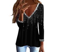 Festliche Blusen Damen - Tunika Damen Elegant Pailletten Oberteil Festlich Party Bluse Glitzer Shirt Langarm Tunika Lässig Rundhals Glitzer Oberteile Langarmshirt Große Größen Glitzertop Blusenshirt