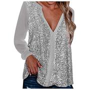 Festliche Blusen Damen, Weiß Elegant Sexy Silvester Outfit Pailletten Oberteil Modern Casual mit Glitzer Glitzer Shirt Glitzer Oberteile Herbst Winter Große Größen Langarm Tunika Festliche Blusen