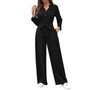 Festliche Jumpsuits Damen Dolman-Ärmel Jumpsuit Elegant Festlich Hochzeit Einteiler Overalls Puffärmel Business Lang Hosenanzug/Mit Gürtel Romper Gesmokte Taille Overall Schwarz L