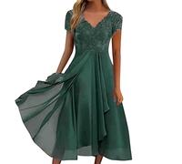 Festliche Kleider Damen Hochzeit Abendkleid Vorne Kurzarm Hinten Spitze Hochzeitskleider Elegant Chiffonkleid A-Linie Ballkleider Lochstickerei Maxi Cocktailkleid Lange Luftig Partykleid,Grün,L