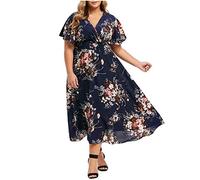 Festliche Kleider FüR Damen GroßE GrößEn,Chiffonkleid FüR Mollige Frauen A Linie Kleid Sommer Kurzarm Blumenkleid Lange Partykleid Boho Maxikleid Midikleid Sommerkleid Elegant Freizeitkleid