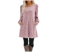 Festliche Kleider Für Damen Kleid Festlich Damen Damen Kleider Rundhals Einfarbig Kleider Mit Knöpfen Langarm Kurz Freizeitkleid Mit Taschen Abendkleid Warm Minikleid Herbst Winter Rosa S