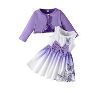 Festliche Kleider Mädchen Kleinkind Festlich Hochzeit Party Sommerkleid mit Langarm Bolero Strickjacke Kleidanzug Schmetterlingsdruck Kleid für Baby-Mädchen Lila 3-4Jahre