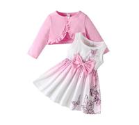 Festliche Kleider Mädchen Kleinkind Festlich Hochzeit Party Sommerkleid mit Langarm Bolero Strickjacke Kleidanzug Schmetterlingsdruck Kleid für Baby-Mädchen Rosa 12-18 Monate