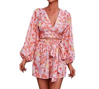 Festlicher Jumpsuit Damen - Frauen Langarm Krawatte Knoten vorne Strampler Blumendruck tiefer V-Ausschnitt Sexy Overall hohe elastische Taille Saum Strampler Leopardenmuster Damen