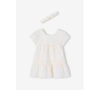 Festliches Baby-Set: Kleid & Haarband mit Glanzstreifen weiß Gr. 92/98 von vertbaudet