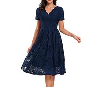 Festliches Kleid Hochzeitsgast Damen | Elegantes Spitzenkleid mit Kurzarm & Rüschen | Abendkleid & Cocktailkleid für Hochzeit und Abschlussball aus Chiffon,Blau,XXL