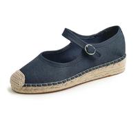 Feversole Damen Espadrilles Plateau Wedges Sandaletten mit Geschlossene Keilabsatz Sommerschuhe Sommer Pumps Frauen Schuhe Marine Segeltuch Jute Mary Jane 37 EU