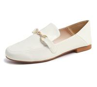 Feversole Women's Soft Comfy Trim Loafer Flat,Klassisch Mokassin Penny Loafer Damen Slipper Anzugschuhe Schuhe Goldene Schnalle aus weißem Veganleder 38.5 EU