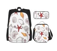 FEYUNYAN 3-teiliges Rucksack-Set, wasserabweisende Schultasche, isolierte Lunchtasche, große Kapazität, Federmäppchen, Muschel-Seestern, Schultaschen für Reisen, Büro & Outdoor-Aktivitäten, 3-in-1