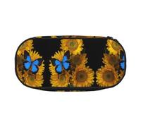 FEYUNYAN Federmäppchen mit großem Fassungsvermögen, ästhetisch, auslaufsicher, Leinen, mit Reißverschluss, Sonnenblumen, blaue Schmetterlinge, Federmäppchen für Damen und Herren, leicht, tragbar