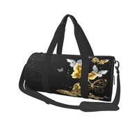 FEYUNYAN Große Kapazität, runde Seesack, goldfarbene weiße Schmetterlinge, schwarz, geräumige Reisetasche mit verstellbarem Riemen, wasserabweisender Turnbeutel für Sport, Strand, Wochenendausflüge