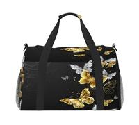 FEYUNYAN Große Tragetasche mit verstellbarem Riemen, wasserabweisende Reisetasche mit rutschfesten Griffen, goldfarbene weiße Schmetterlinge, schwarz, robuste Umhängetasche für Fitnessstudio