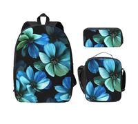 FEYUNYAN Schulrucksack für Mädchen und Jungen, Blau Blumendruck Schultasche 3er Set, 15 Zoll Laptop Rucksack, Isolierte Lunchtasche, Federmäppchen, Mittelschultasche für Teen Jugend Studenten, blaue