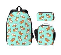 FEYUNYAN Schulrucksack für Mädchen und Jungen, Corgi Niedlicher Hund Druck Schultasche 3er Set 15 Zoll Laptop Rucksack Isolierte Lunchtasche Federmäppchen Mittelschultasche für Teen Jugend Studenten