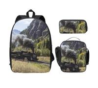 FEYUNYAN Schulrucksack für Mädchen und Jungen, Dampflokomotive Zug Druck Schulranzen 3er Set 15 Zoll Laptop Rucksack Isolierte Lunchtasche Federmäppchen Mittelschultasche für Teen Jugend Studenten