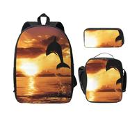FEYUNYAN Schulrucksack für Mädchen und Jungen, Delfin bei Dämmerung Druck Schulranzen 3er Set, 15 Zoll Laptop Rucksack, Isolierte Lunchtasche Federmäppchen Mittelschultasche für Teen Jugend Studenten