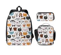 FEYUNYAN Schulrucksack für Mädchen und Jungen, Katze Hund Druck Schultasche 3er Set 15 Zoll Laptop Rucksack Isolierte Lunchtasche Federmäppchen Mittelschultasche für Teen Jugend Studenten, Katze und