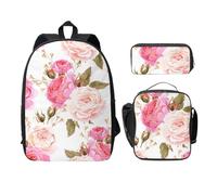 FEYUNYAN Schulrucksack für Mädchen und Jungen, Rose Blumendruck, Schulranzen 3er Set, 15 Zoll Laptop Rucksack, Isolierte Lunchtasche, Federmäppchen, Mittelschultasche für Teen Jugendliche Studenten
