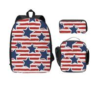 FEYUNYAN Schulrucksack für Mädchen und Jungen, Rot Weiß Stern Streifen Flagge Druck Schulranzen Set 3 Stück 15 Zoll Laptop Rucksack Isolierte Lunchtasche Federmäppchen Mittelschultasche für Teenager