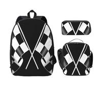 FEYUNYAN Schulrucksack für Mädchen und Jungen, Schwarz Weiß Karierte Flaggen Druck Schultasche 3er Set 15 Zoll Laptop Rucksack Isolierte Lunchtasche Federmäppchen Mittelschultasche für Teen Jugend