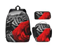 FEYUNYAN Schulrucksack für Mädchen und Jungen, Schwarz Weiß und Rot Rosen Druck Schulranzen 3er Set 15 Zoll Laptop Rucksack Isolierte Lunchtasche Federmäppchen Mittelschultasche für Teen Jugend
