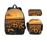 FEYUNYAN Schulrucksack für Mädchen und Jungen, Sonnenblume Sonnenuntergang Druck Schultasche 3er Set, 15 Zoll Laptop Rucksack, Isolierte Lunchtasche Federmäppchen Mittelschultasche für Teen Jugend