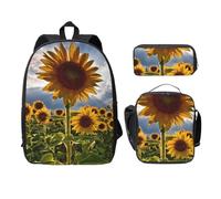 FEYUNYAN Schulrucksack für Mädchen und Jungen, Sonnenblumen Felder Druck Schulranzen 3er Set, 15 Zoll Laptop Rucksack, Isolierte Lunchtasche Federmäppchen Mittelschultasche für Teen Jugend Studenten